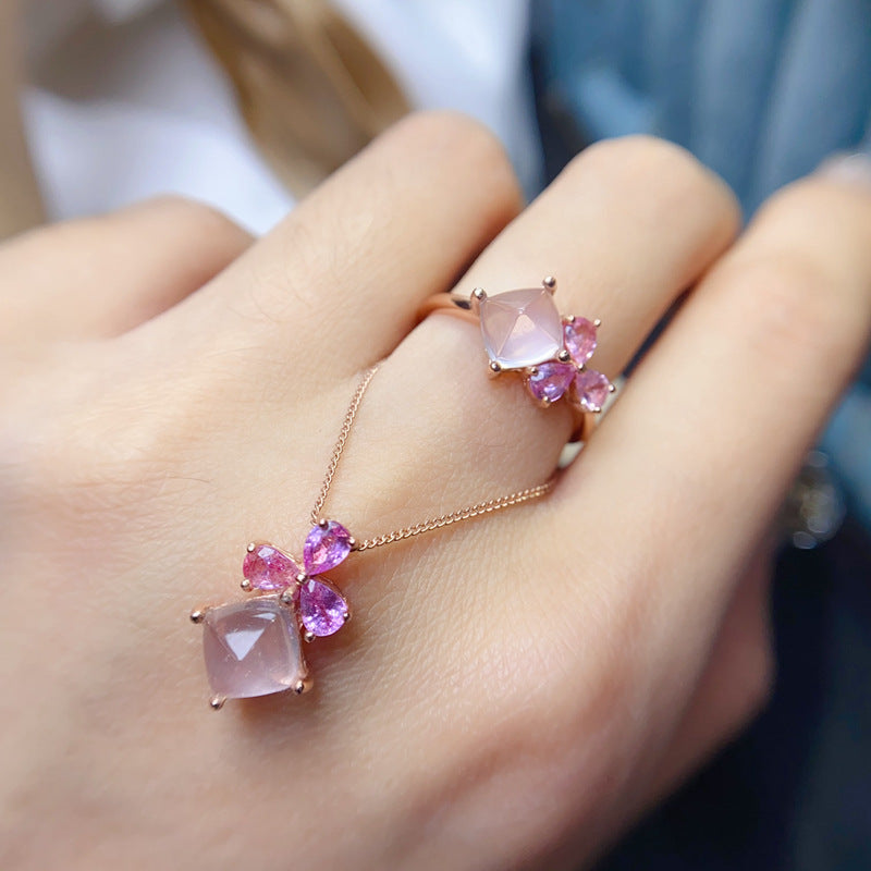 Hibiscus Stone Ring Pendant Set High-Quality Rose Quartz Gemstone Set