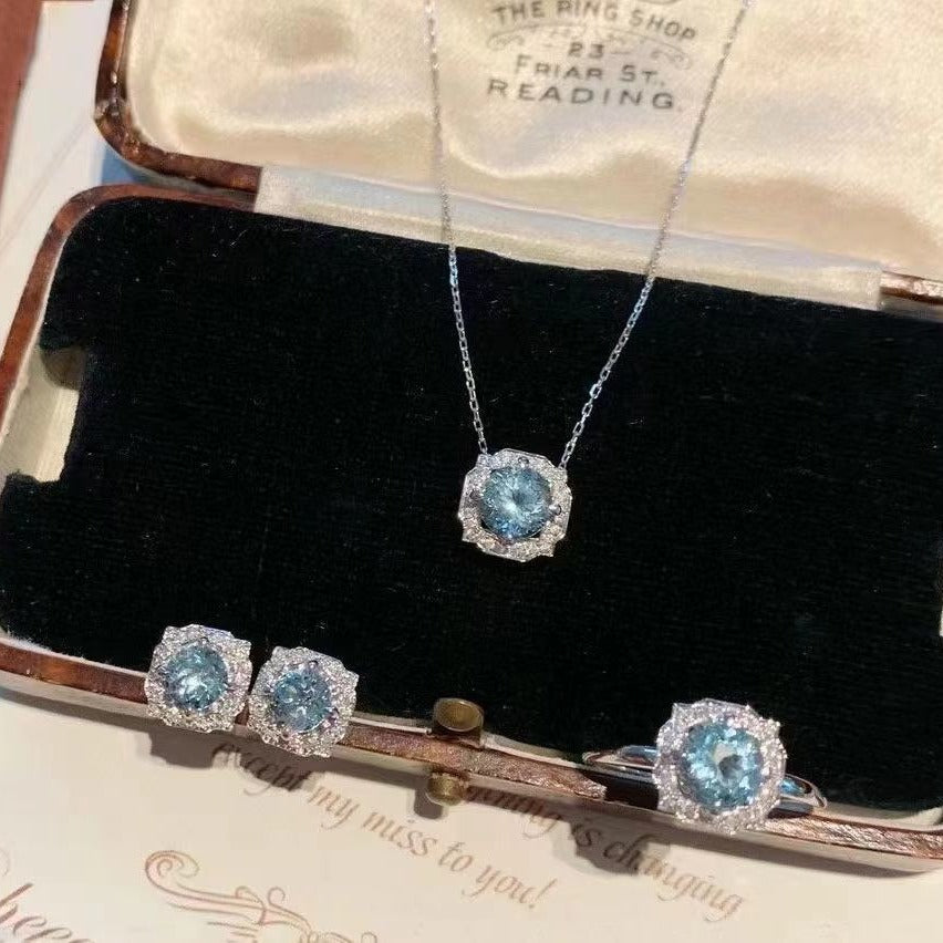 925 Silver Inlaid Natural Aquamarine Ring Necklace Two-Piece Set