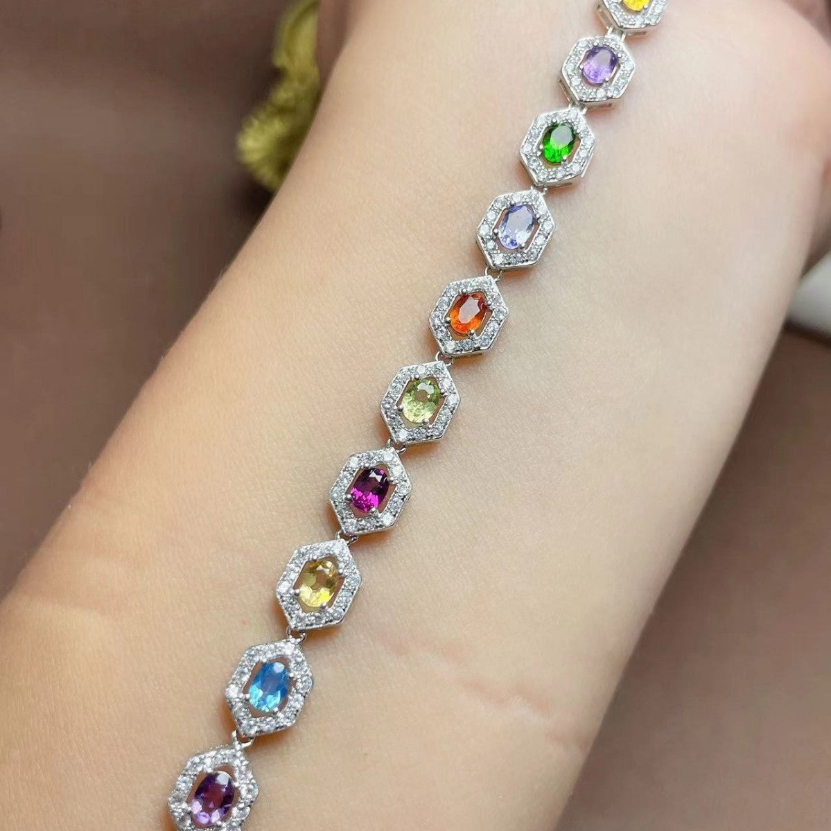 S925 Silver Inlaid Natural Crystal Topaz Garnet Women's Oval 3*4mm Bracelet