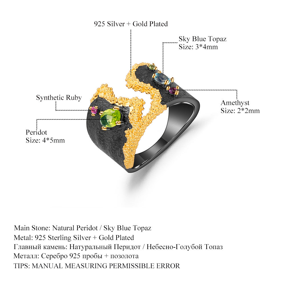 Italian Craft Designer Gemstone Ring Vintage Court Style High-end S925 Silver Natural Colored Gemstone Ring