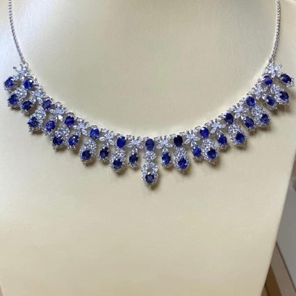 S925 Silver Inlaid One-piece Chain Main Stone 4x6mm Sapphire Elegant Necklace