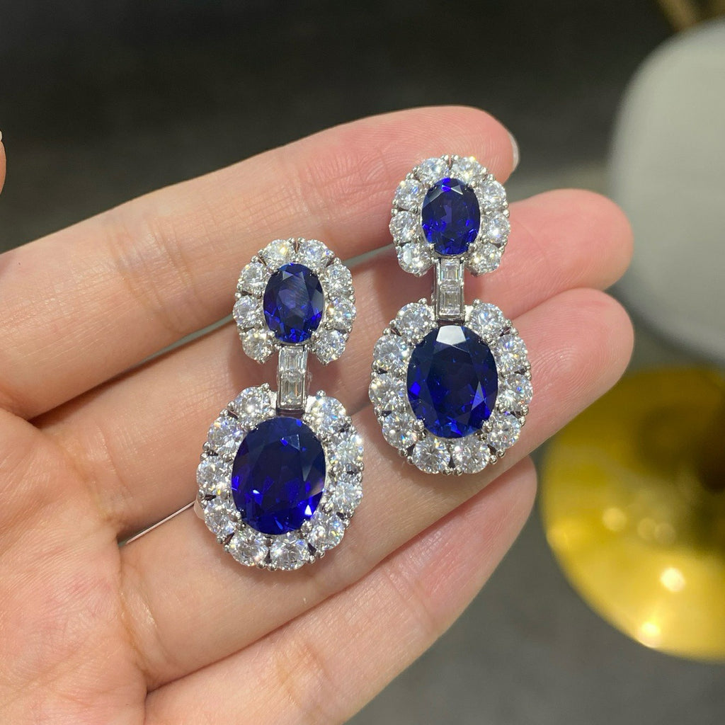 French Retro Style S925 Sterling Silver Cultivated Sapphire Oval 5 Carat Earrings