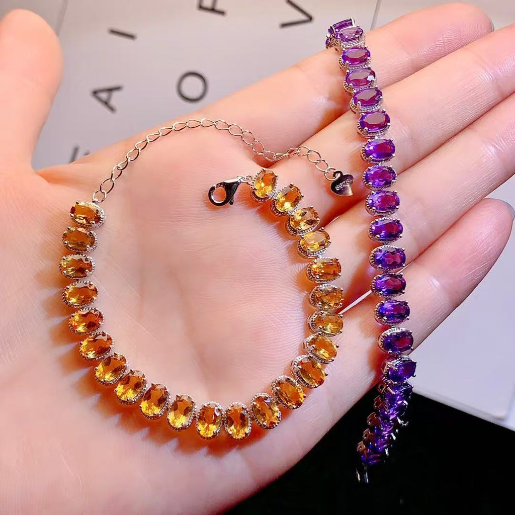 S925 Sterling Silver Simple Fashion Versatile Colorful Gemstone Amethyst Citrine Bracelet