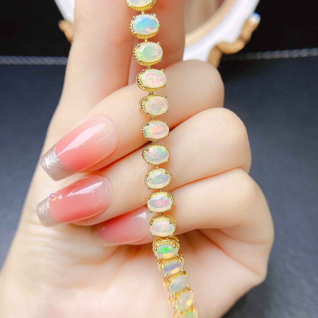 S925 Silver Inlaid Main Stone 4*6 Natural White Opal Bracelet