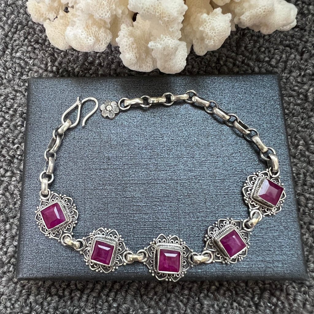 Nepal Handmade 925 Inlaid Yellow Crystal Ruby Amethyst Opal Stone Vintage Bracelet