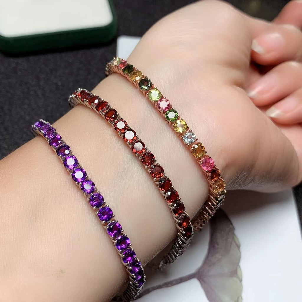 Colorful Gemstone Bracelet Natural Garnet Amethyst Tourmaline 925 Silver Single Circle Bracelet
