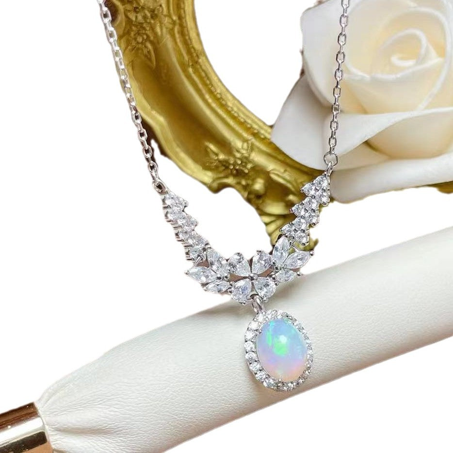 925 Silver Inlaid Natural Opal Women's Necklace Simple Versatile Diamond Clavicle Chain