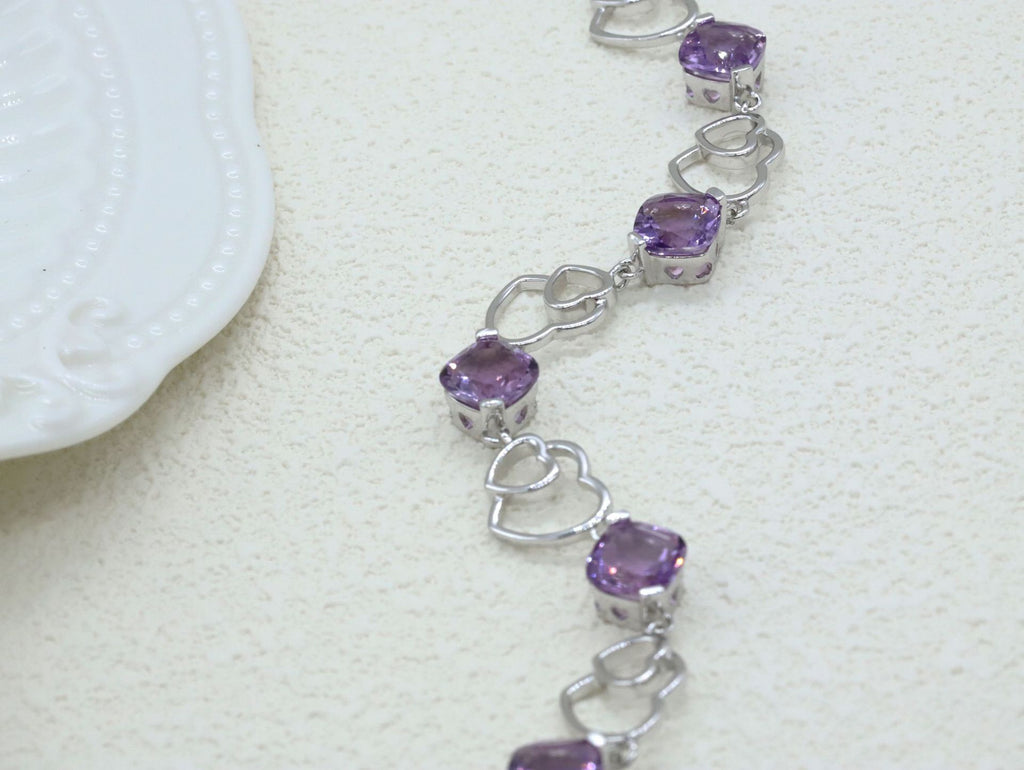 925 Sterling Silver Bracelet Love Double Heart Inlaid Amethyst Women's Bracelet