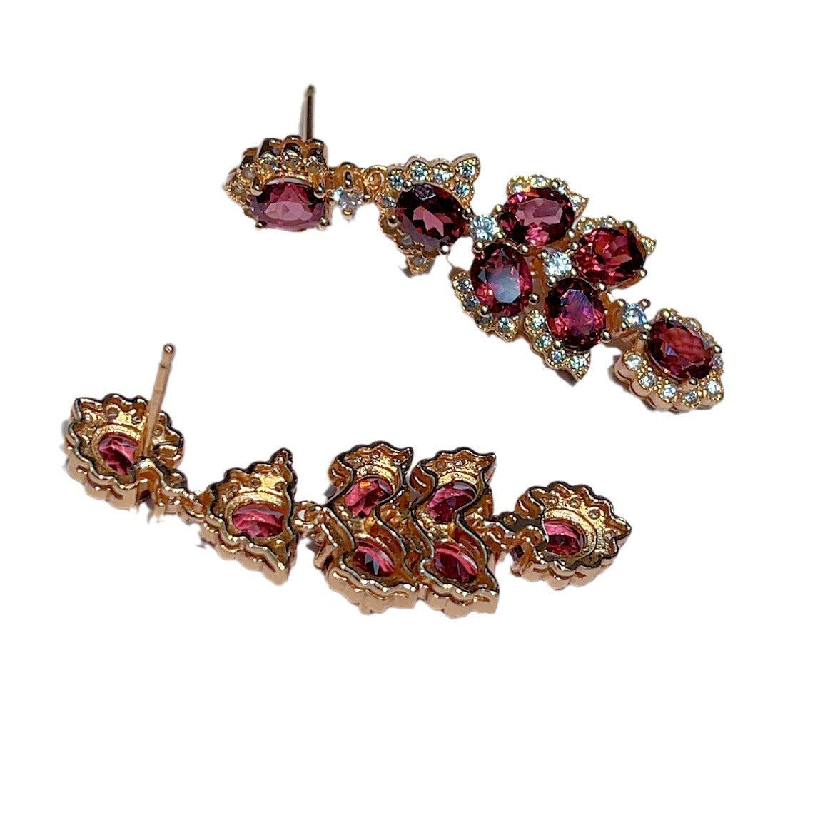 S925 Silver Plated Rose Gold Inlaid Magnesium Aluminum Pomegranate Main Stone 4*5mm*14 Earrings