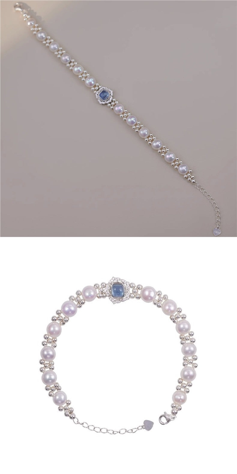 999 Sterling Silver Light Luxury Sea Blue Freshwater Pearl Bracelet