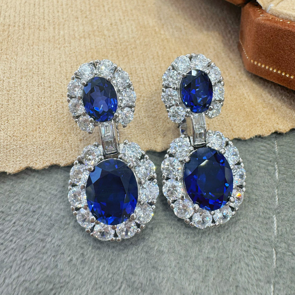 French Retro Style S925 Sterling Silver Cultivated Sapphire Oval 5 Carat Earrings