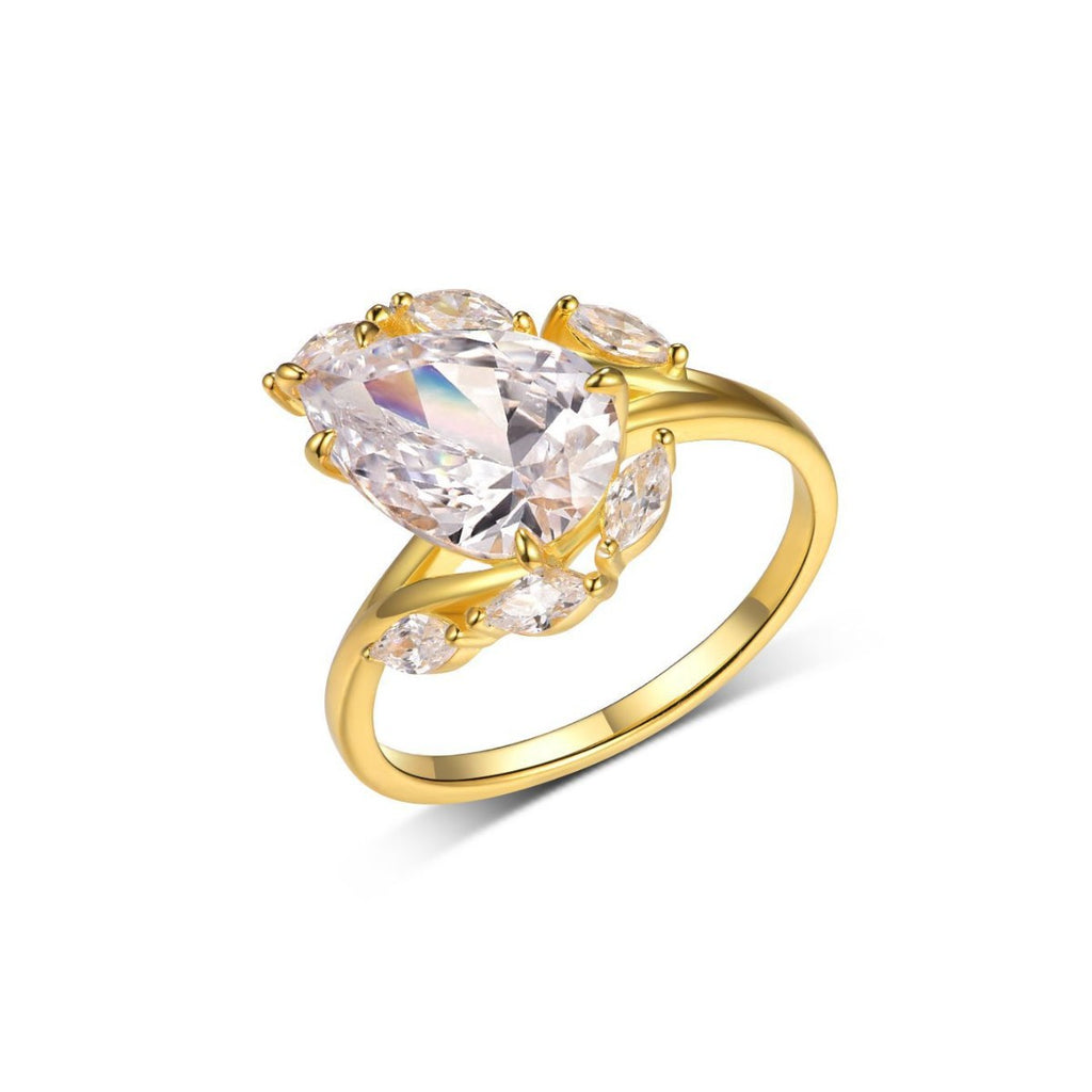 S925 Silver Moissanite Ring Water Drop Large Main Stone Flower Crown Shape Gold Sparkling Women's Hot Selling Model