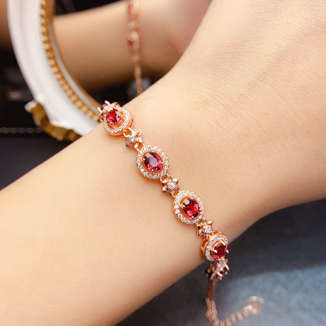 Natural Garnet Star and Gemstone Bracelet S925 Silver Inlaid with 4*5 Main Stone