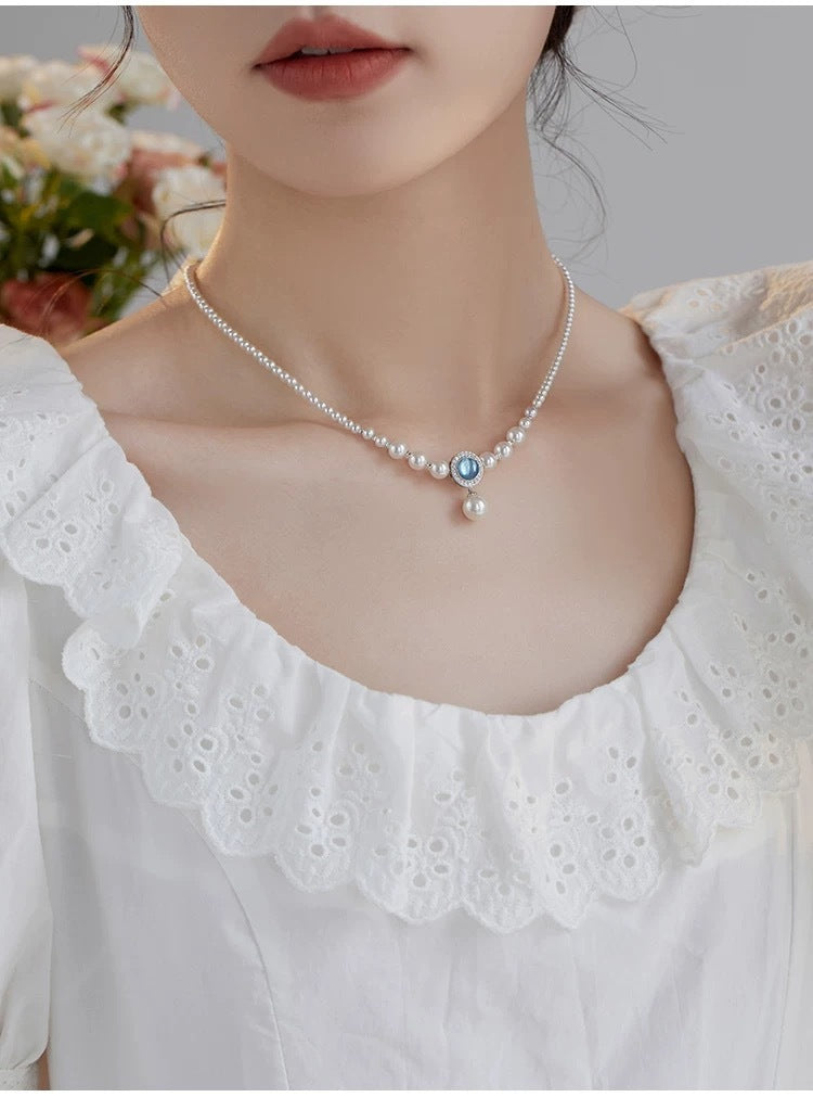 Natural Australian White Jellyfish Shell Pearl Necklace for Women with Aquamarine Gradient Elegant Collarbone Chain
