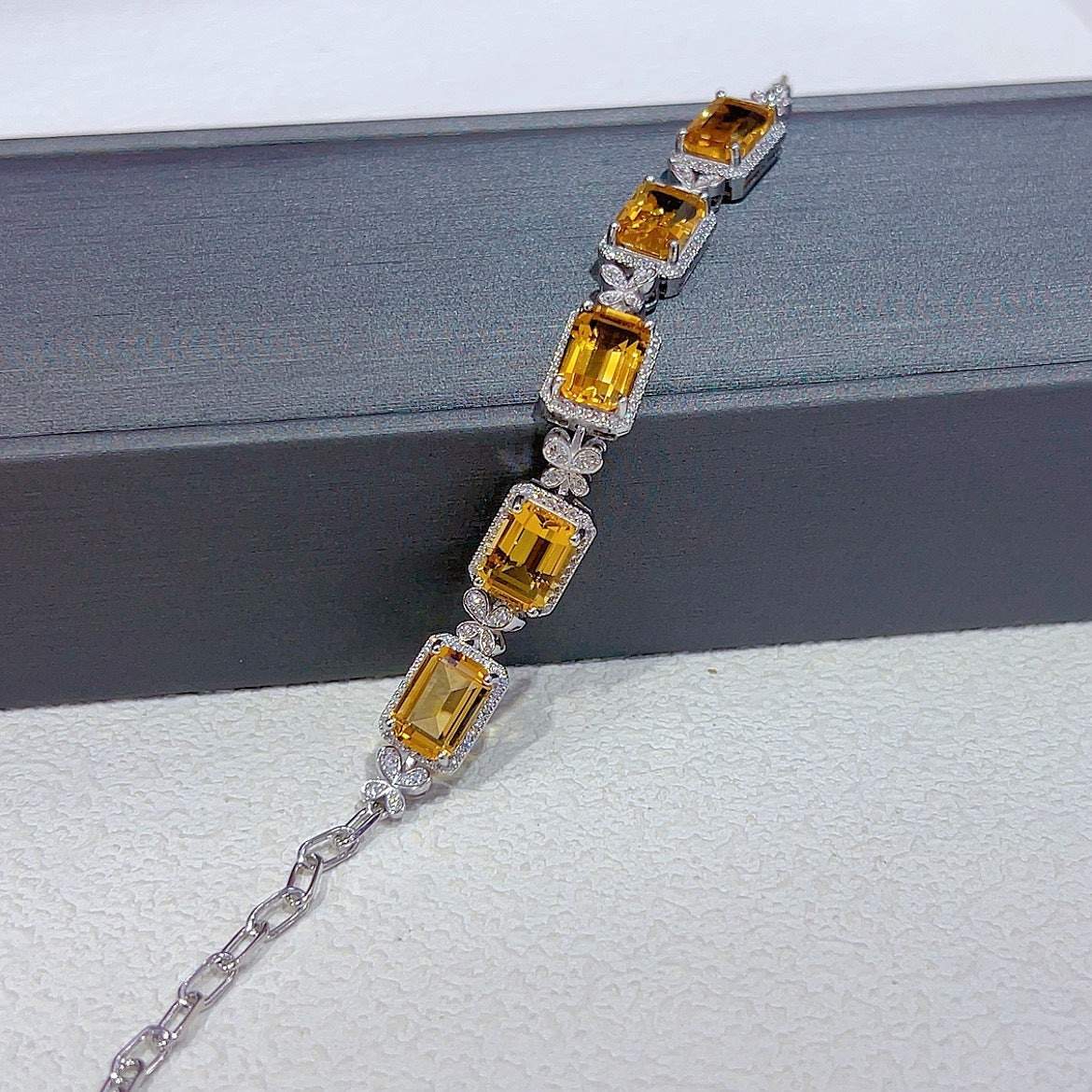 S925 Silver Platinum Plated Inlaid Yellow Crystal Main Stone 7*10mm T Square Butterfly Bracelet