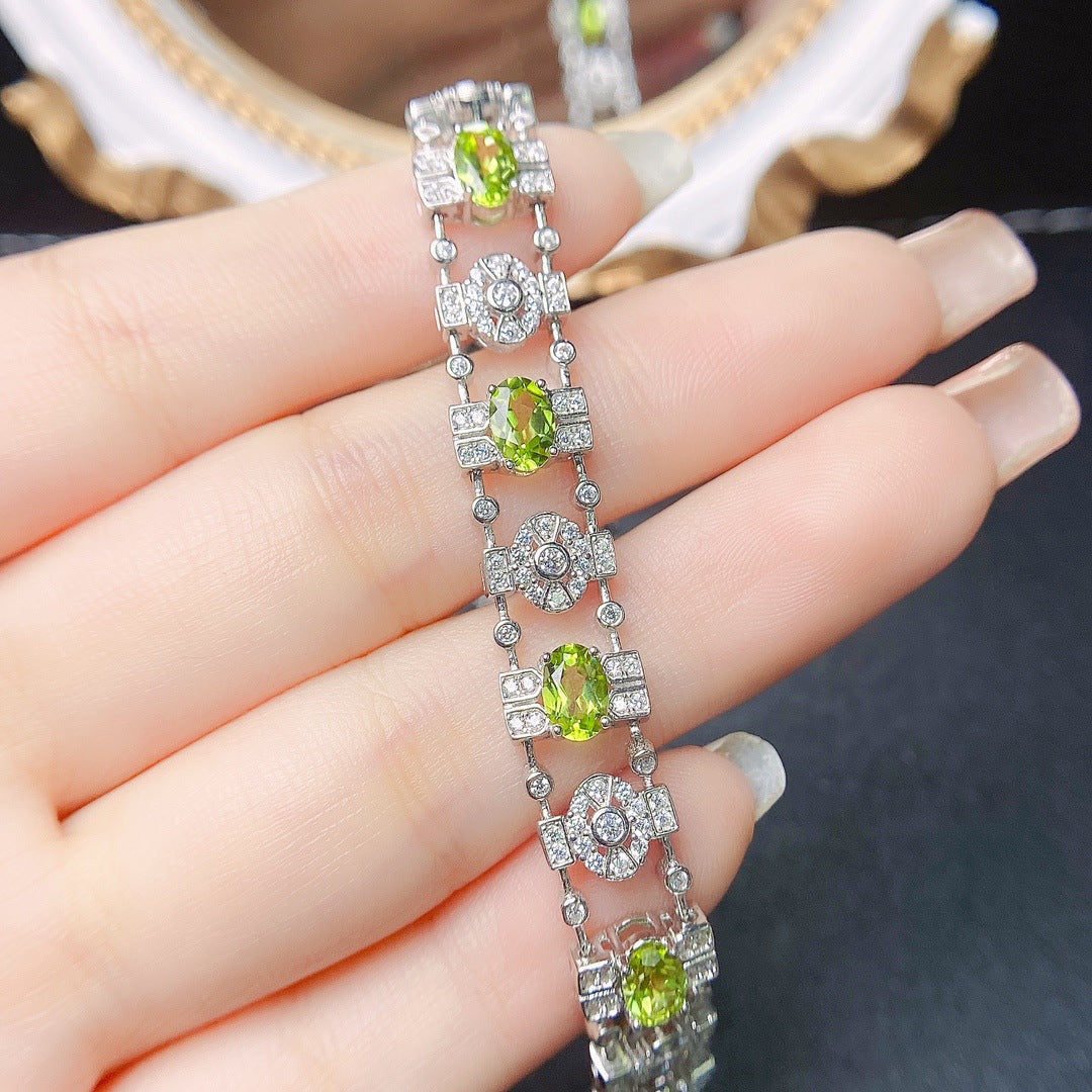 S925 Silver Inlaid Main Stone 4*6 Natural Peridot Bracelet