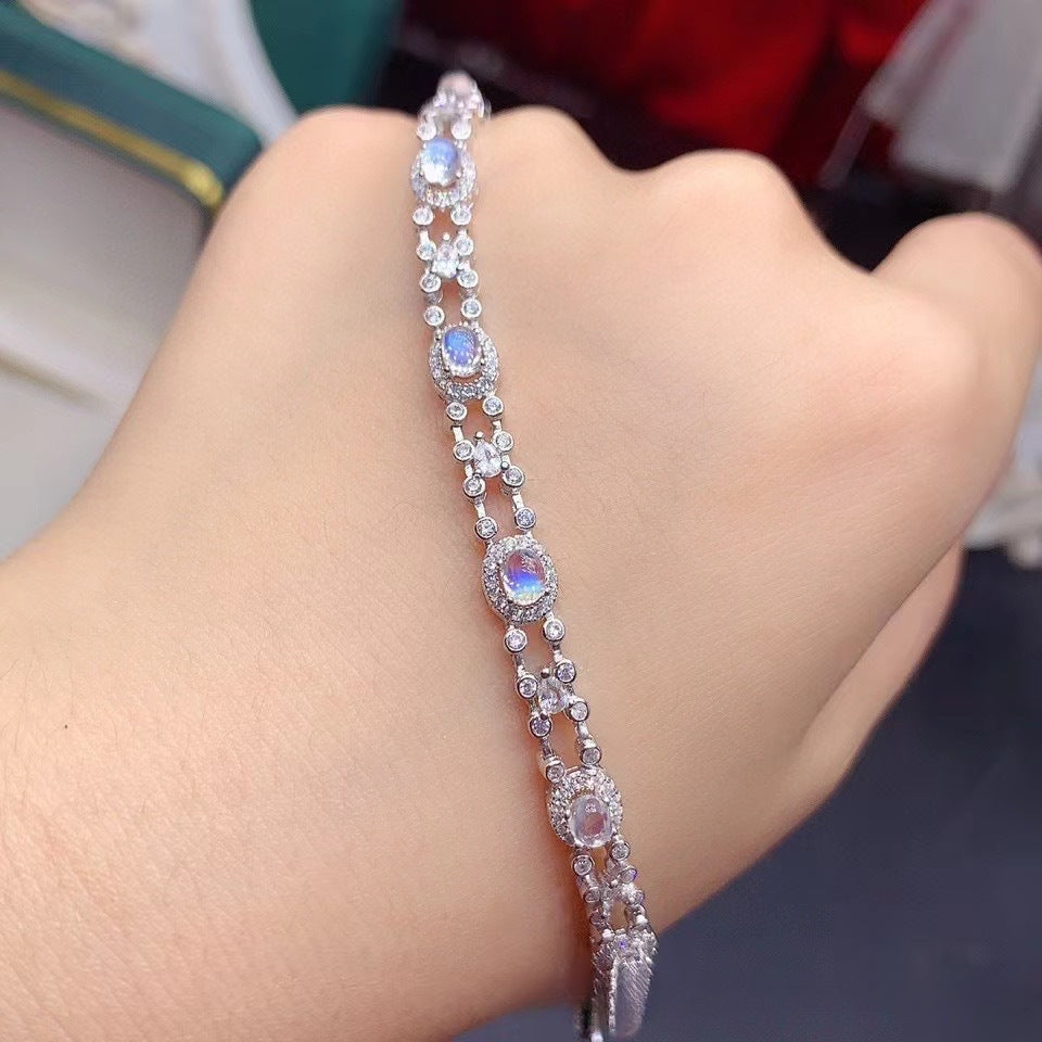 Moonstone Bracelet French Retro Style 925 Silver Fine Craft Inlaid Natural Gemstone Jewelry