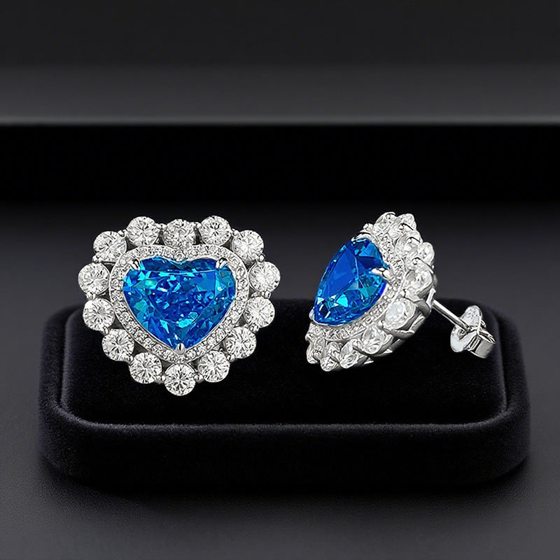 S925 Silver Full Inlaid Heart 9*11 Aquamarine High Carbon Diamond Ice Flower Heart-shaped Earrings