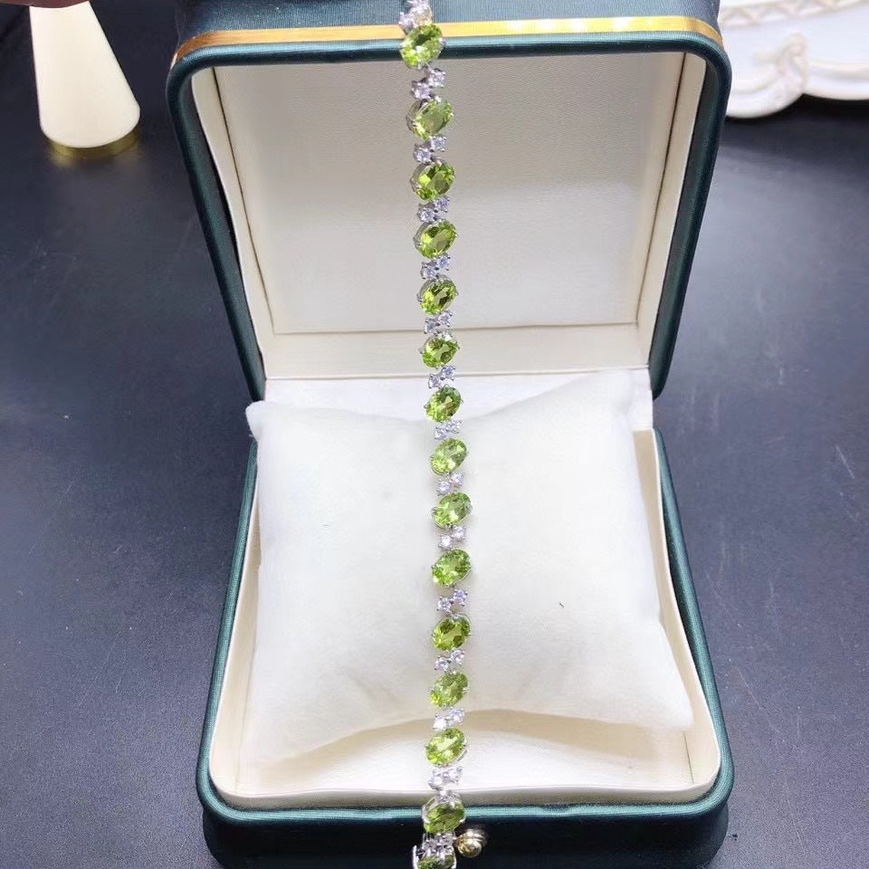 S925 Silver Inlaid Natural Peridot Oval 5*7 Size Bracelet