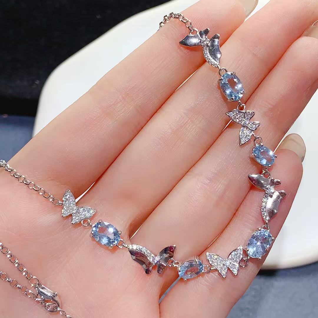 Natural Aquamarine Necklace 925 Sterling Silver Butterfly Exquisite Light Luxury Niche Design High-end Colorful Gemstone Collarbone Chain
