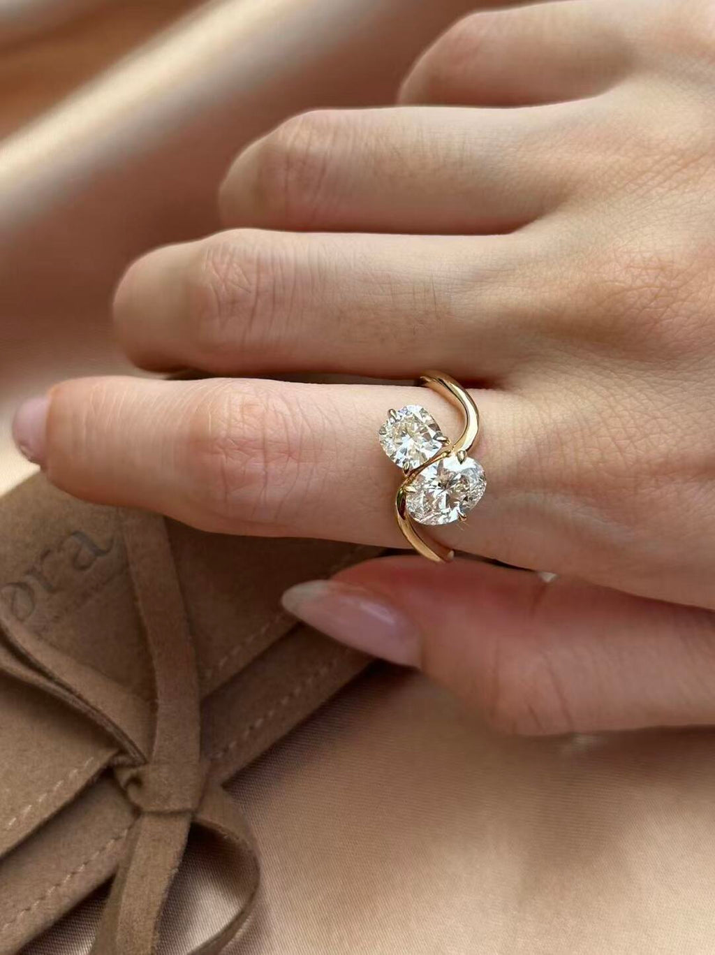 Double Stone Twist Arm Cultivated Diamond Ring Main Stone 1.22ct + Secondary Stone 1.01ct