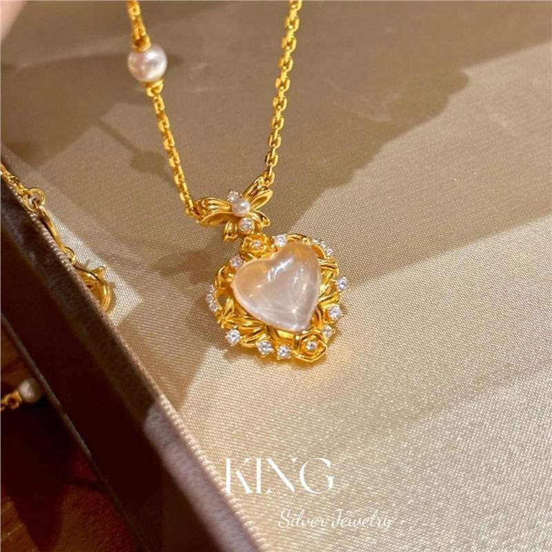 Pink Water Beauty| S925 Silver Gold-Plated Heart Pink Crystal Light Luxury Retro Niche Fashion Elegant Pure Silver Necklace