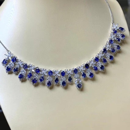 S925 Silver Inlaid One-piece Chain Main Stone 4x6mm Sapphire Elegant Necklace